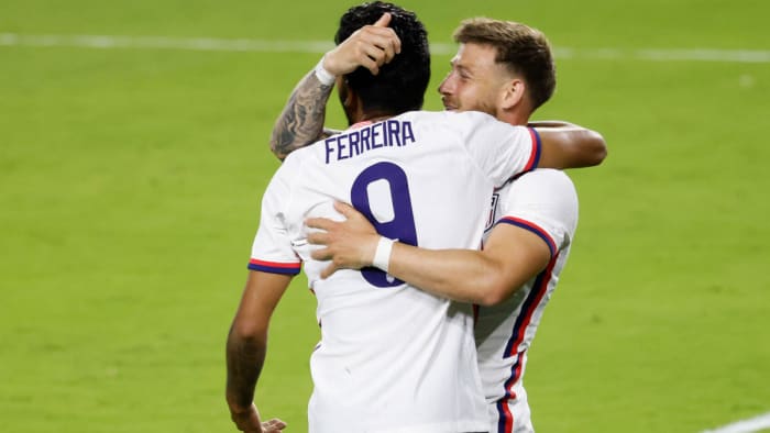 Jesus Ferreira and Paul Arriola celebrate a USMNT goal